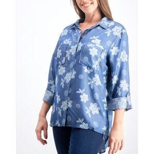 BILLY T Chambray Button Down Shirt Long Sleeve Floral Print Blue White Size L